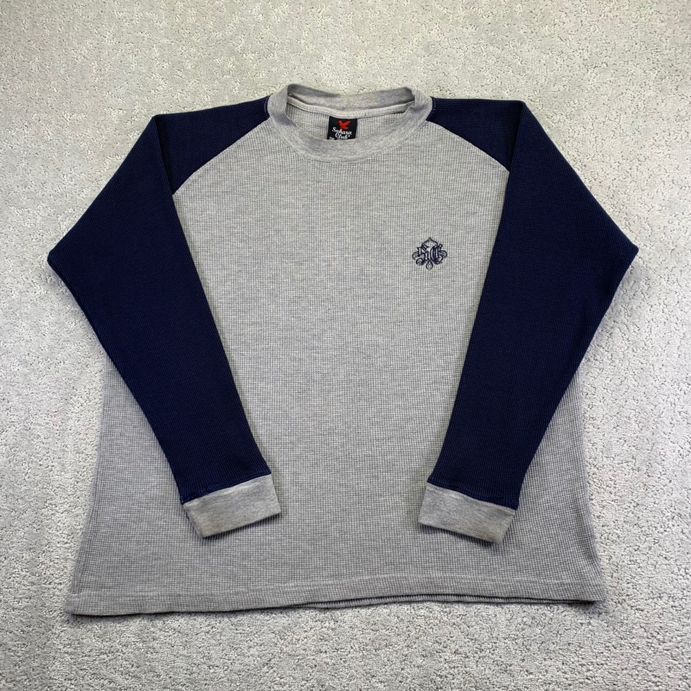 Sahara Club Long Sleeve Thermal Shirt Size‎ 2XL Waffle Knit Gray Navy Distressed
